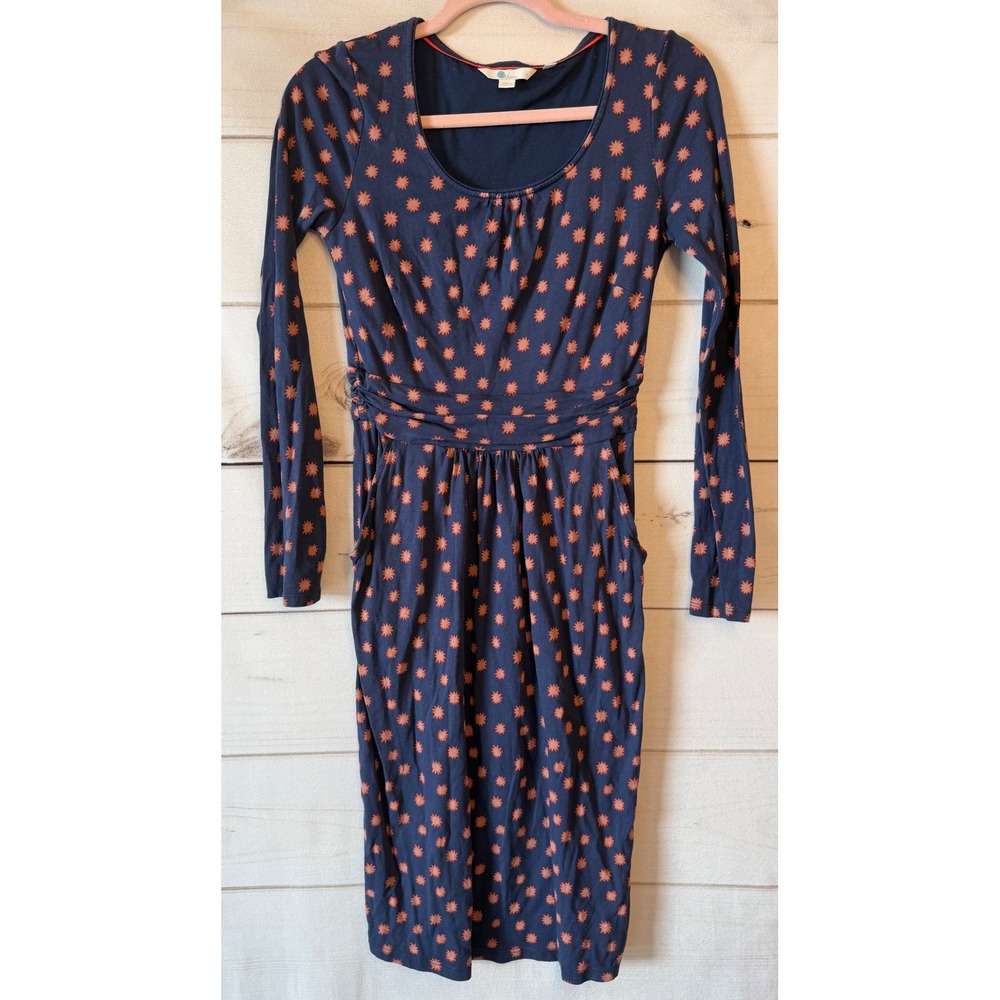 Boden Navy Orange Sunburst Print Jersey Dress Long Sleeve Pockets J0034 US 4L